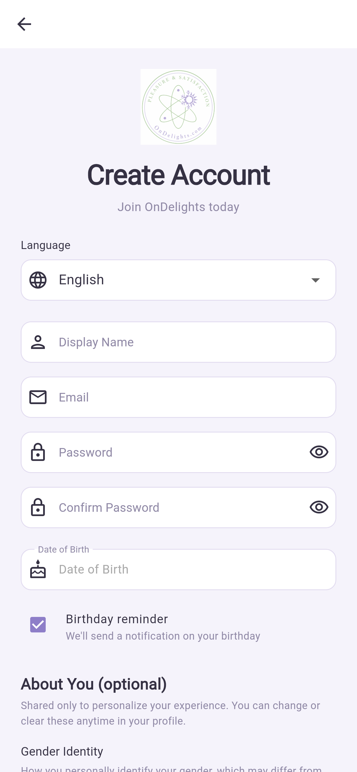 The registration screen, with the date of birth it requires