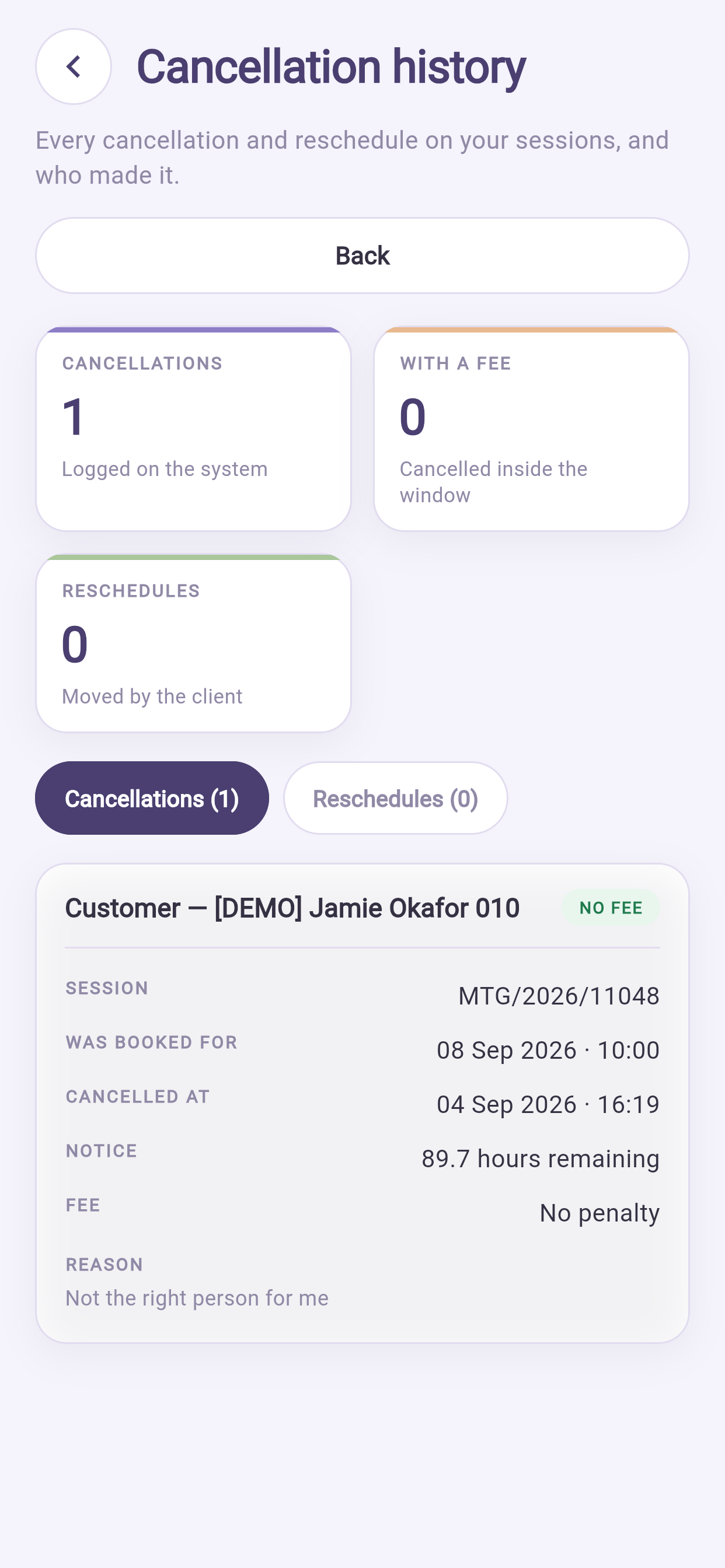 Cancellation history, naming who cancelled each session