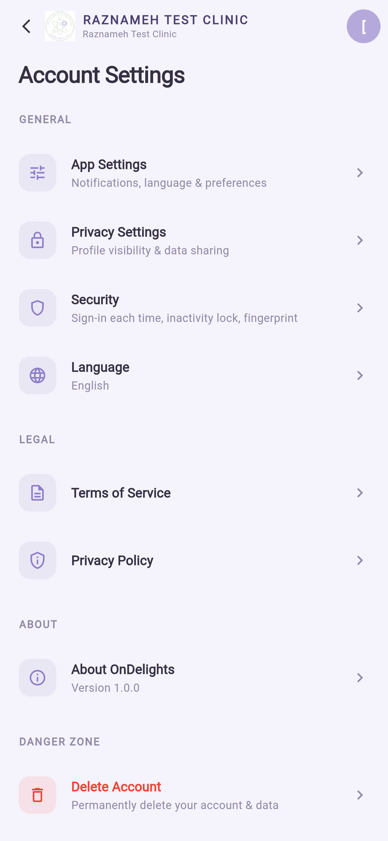 App settings: notifications, sound, theme and language