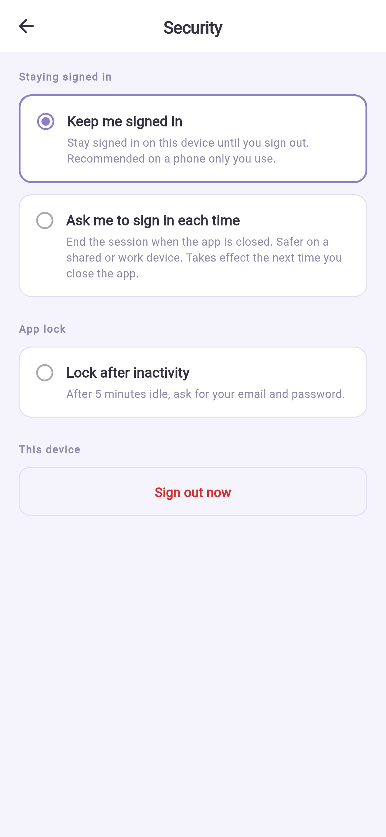 Security settings, with staying signed in and the app lock