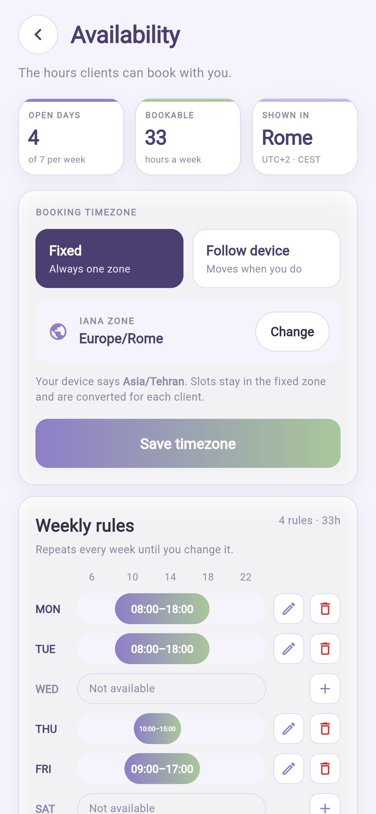 Availability on the phone: timezone, weekly hours, open days