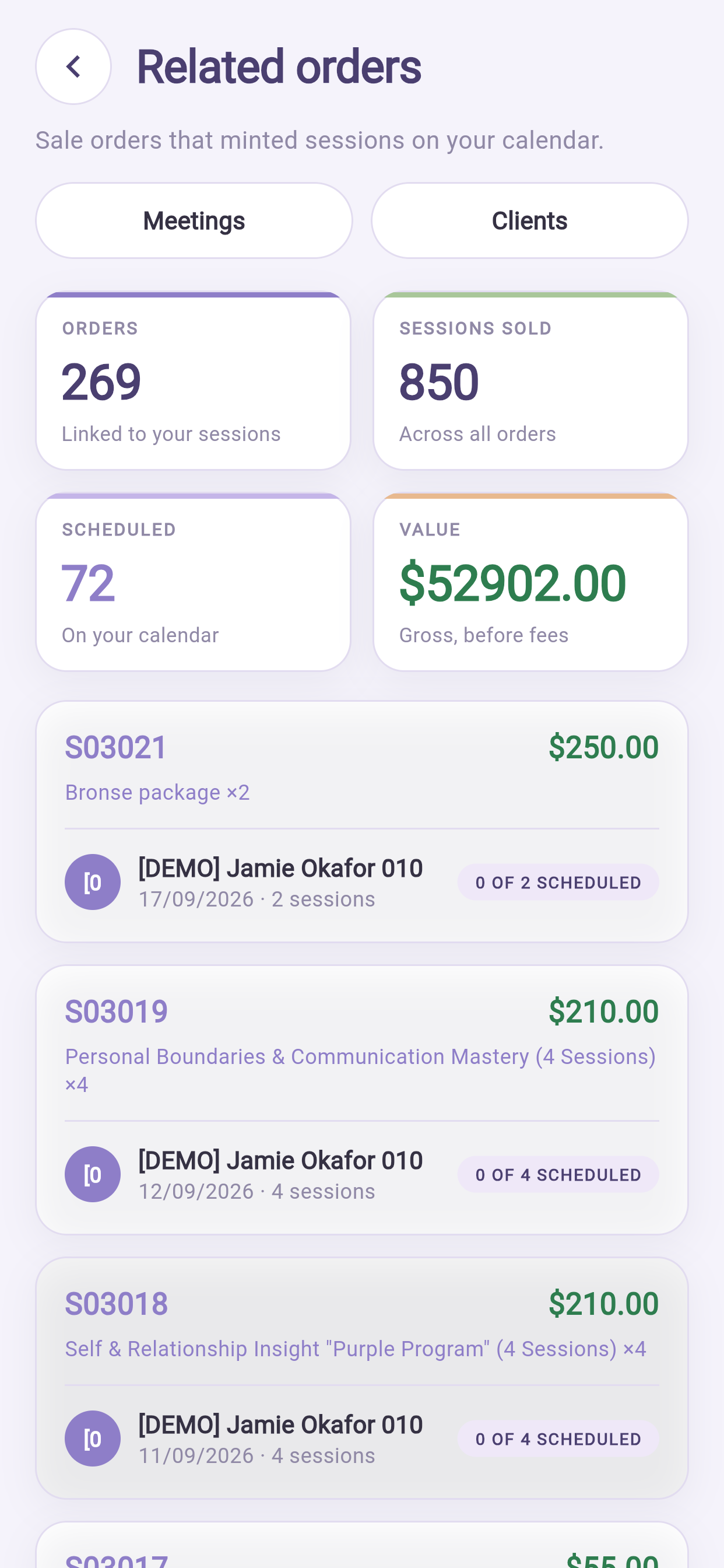 Client orders that produced your sessions