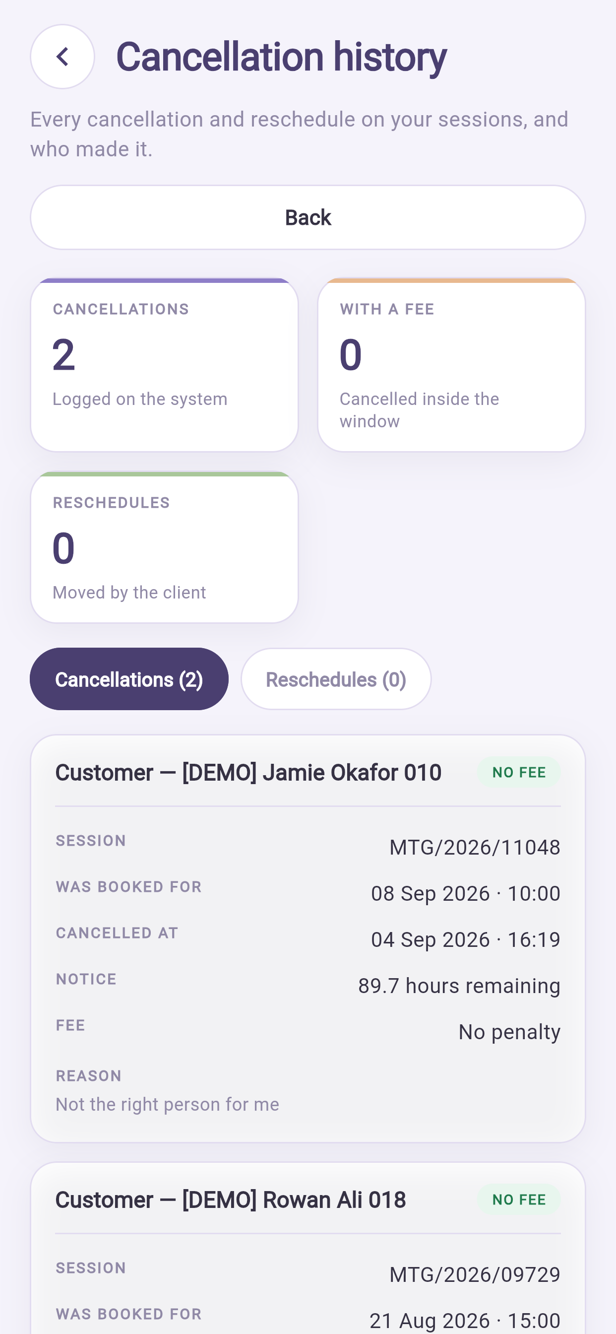 Cancellation history, showing who cancelled