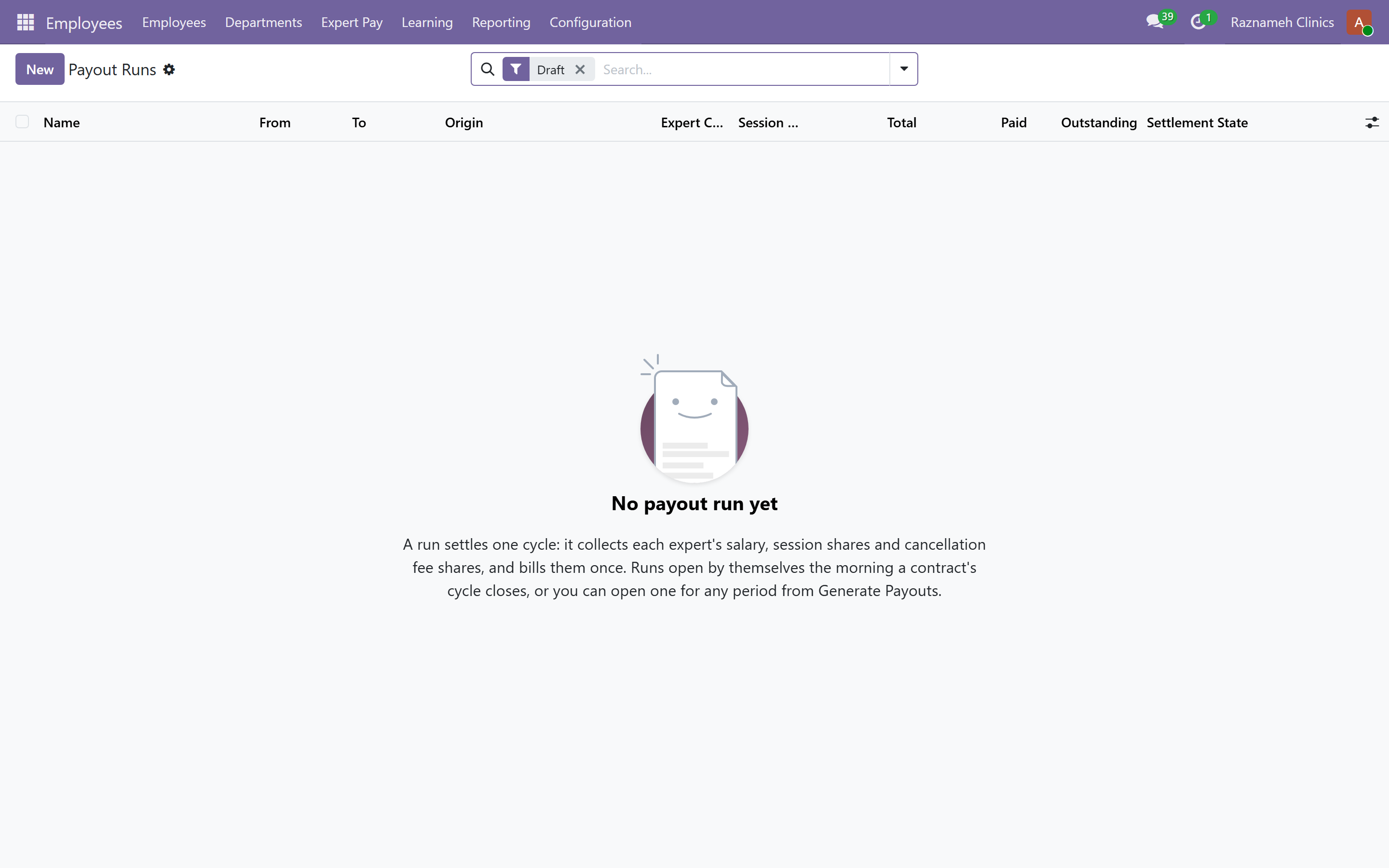 A payout run in draft, before anything is billed
