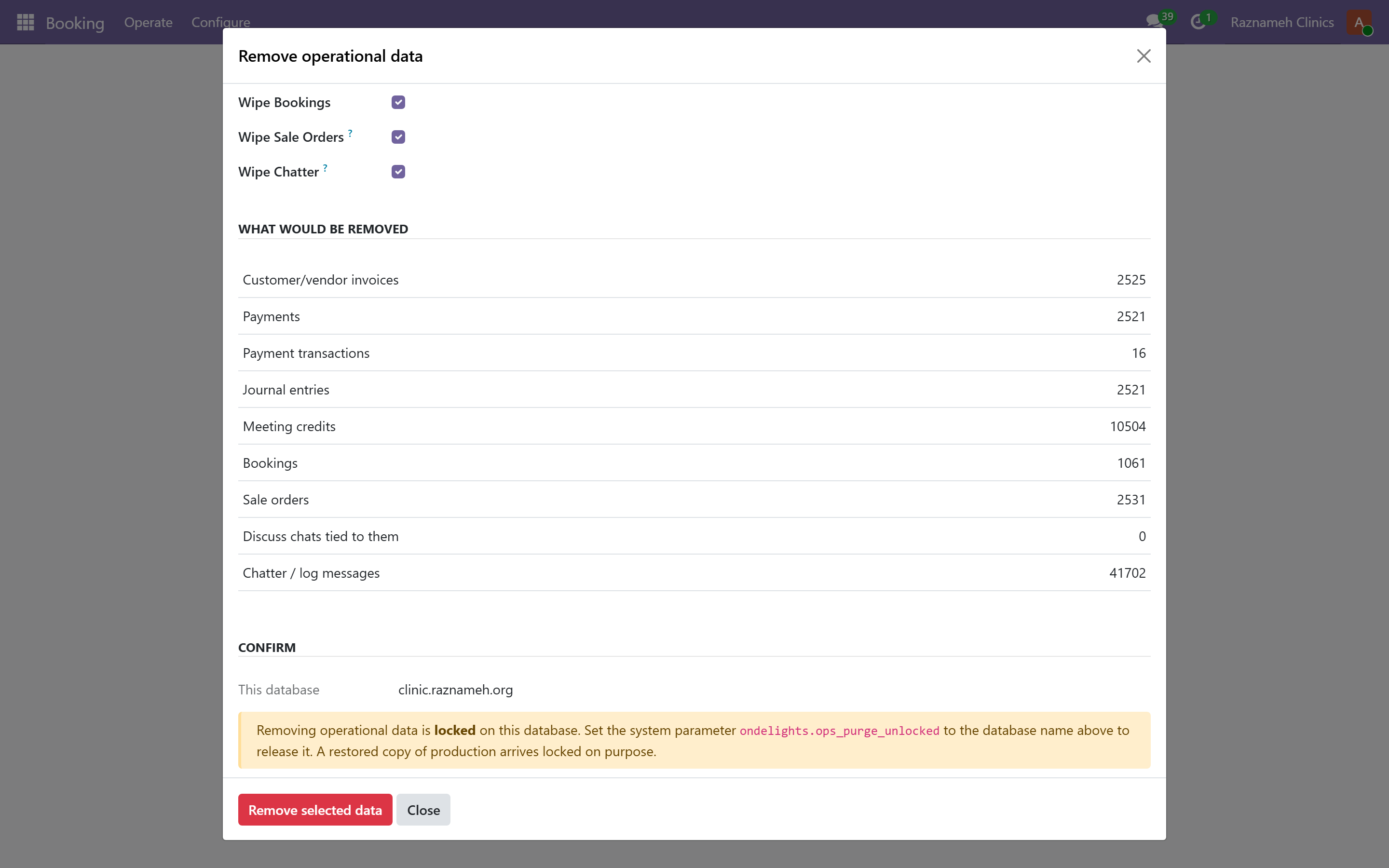 The remove-operational-data wizard, showing the preview counts before the typed confirmation