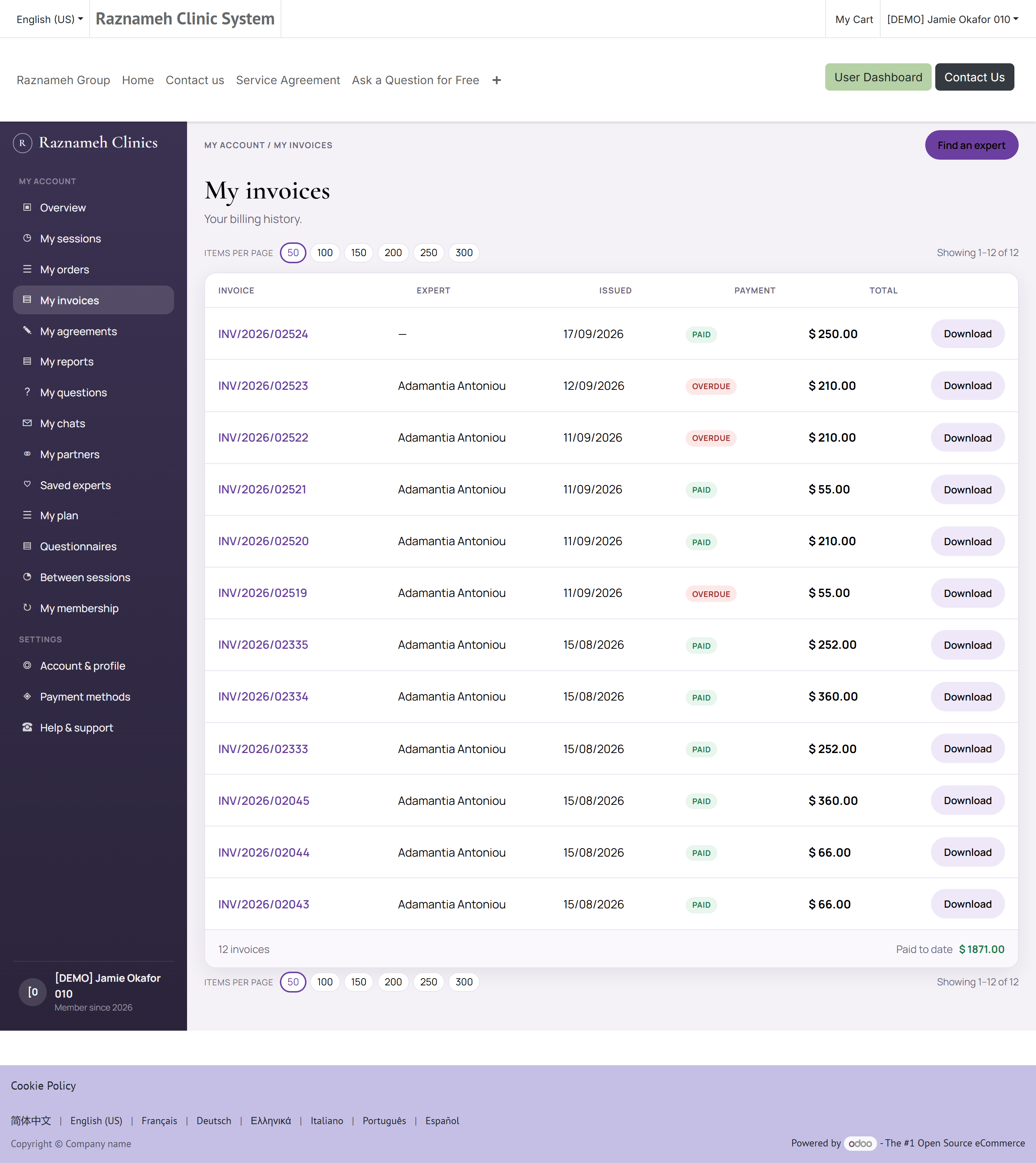 The invoice list, with number, date, amount and payment status