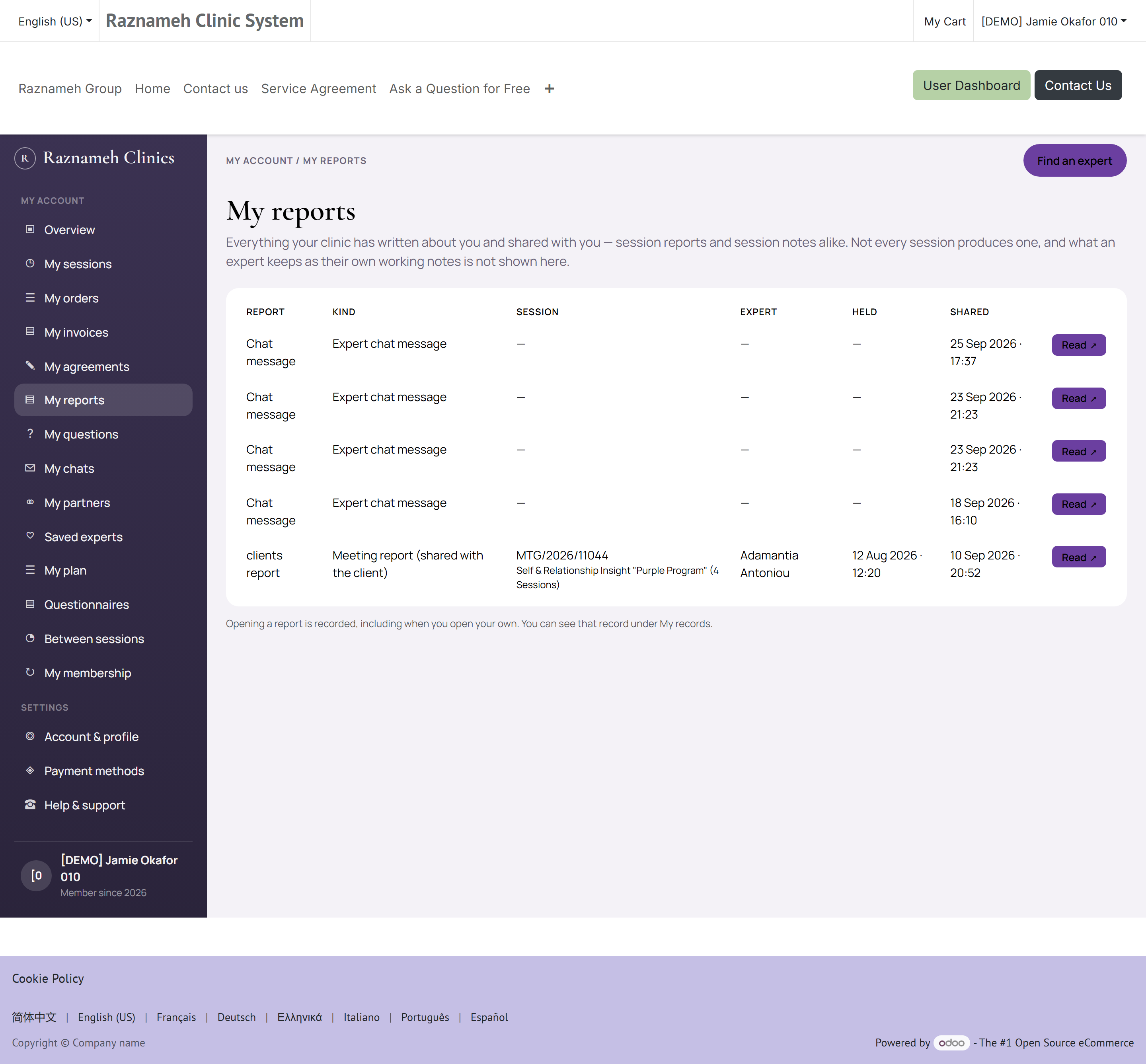 Reports and notes shared with this client, newest first