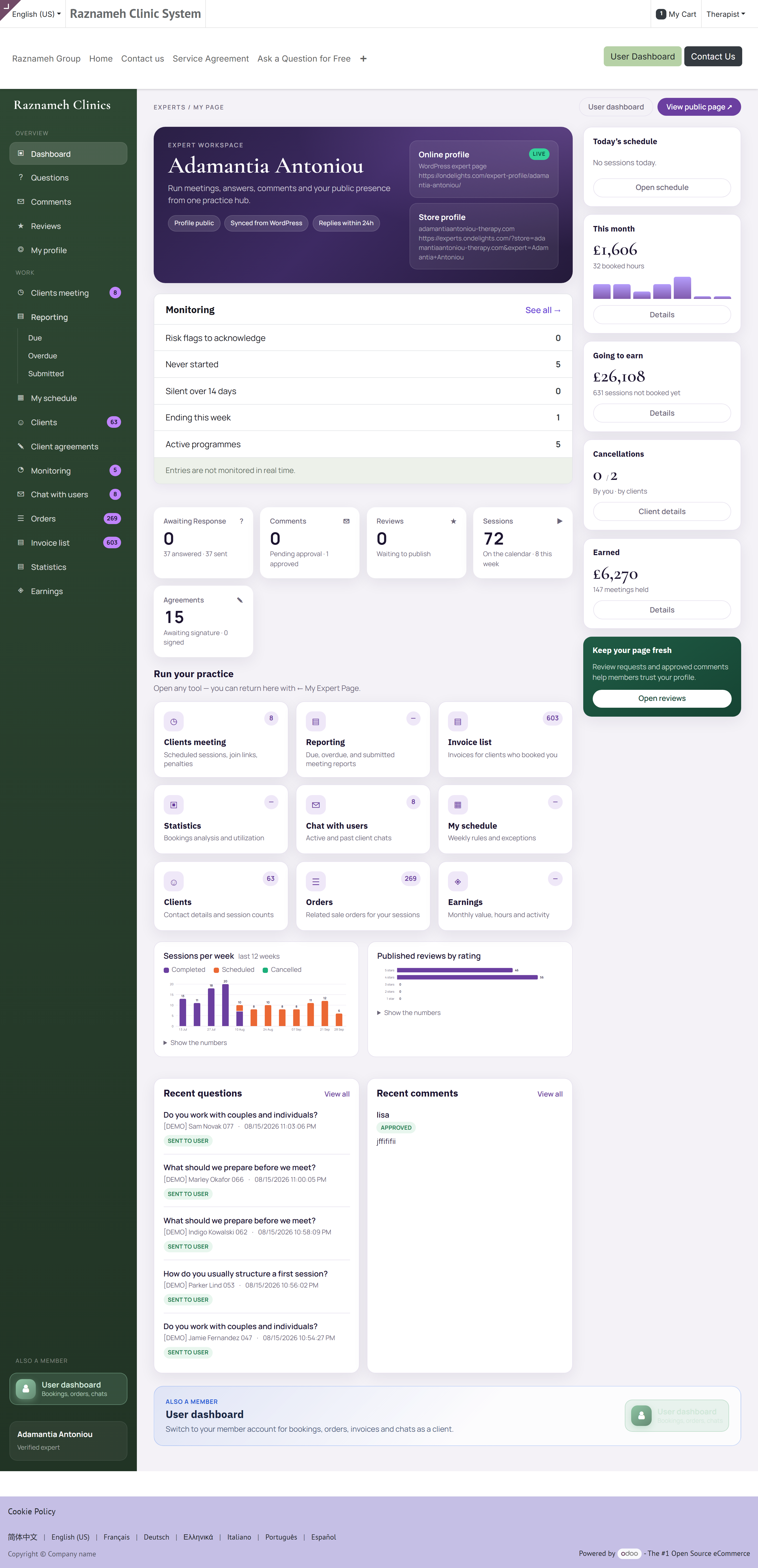 The practice dashboard: this month, going to earn, cancellations, earned