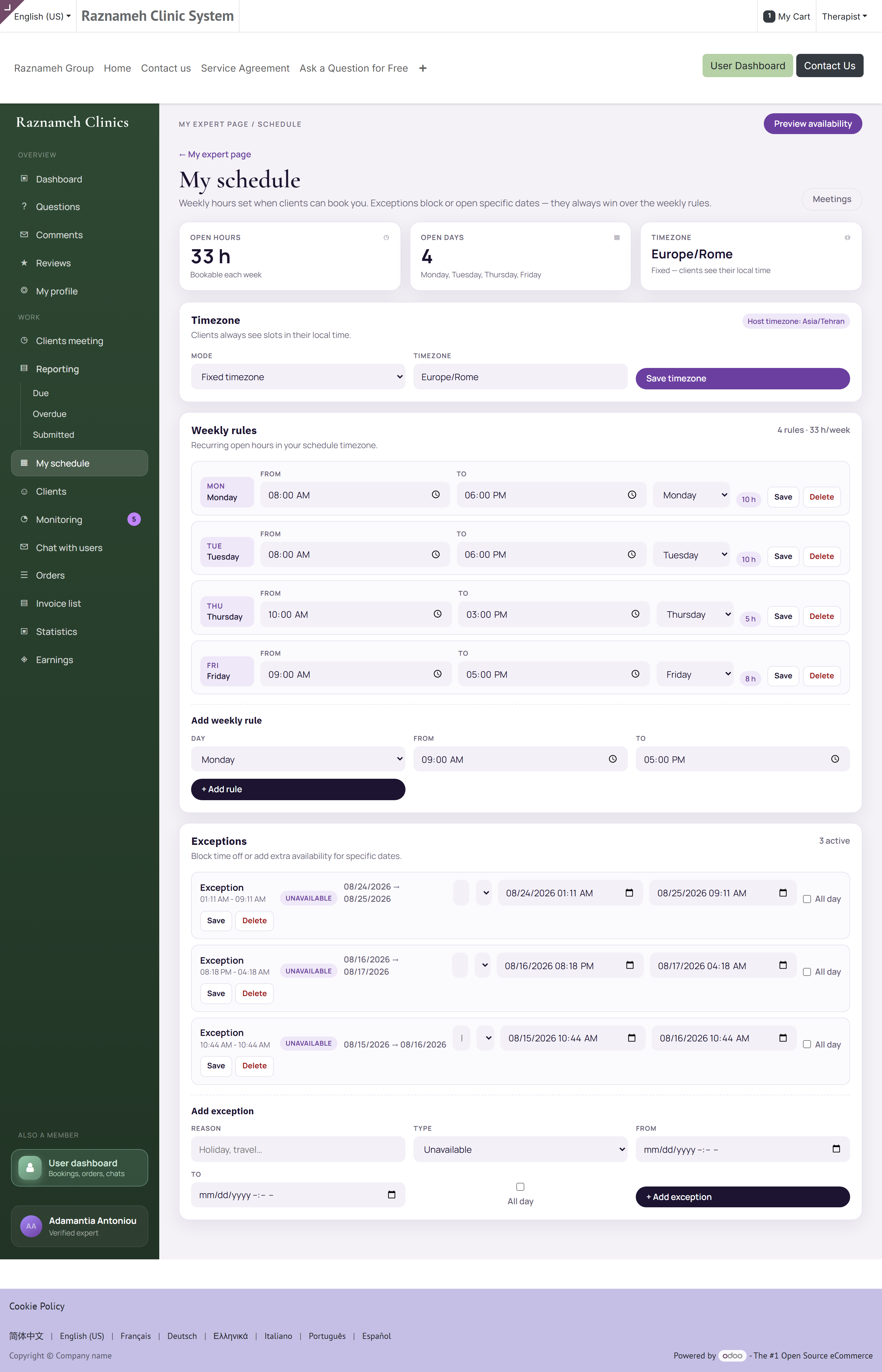 Availability, showing timezone, weekly rules, and open days and bookable hours