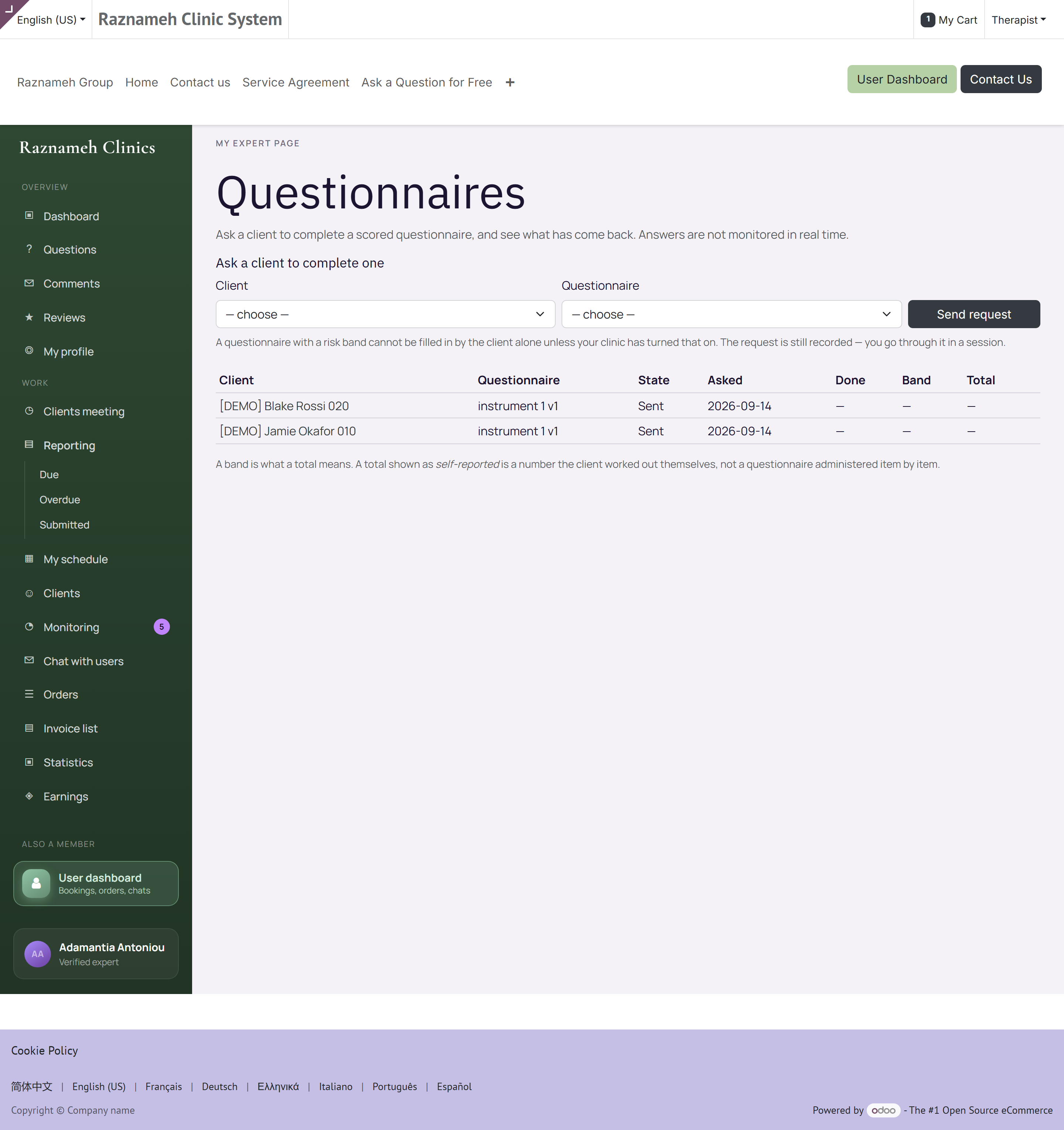 Questionnaires asked for across all clients, and the results that came back