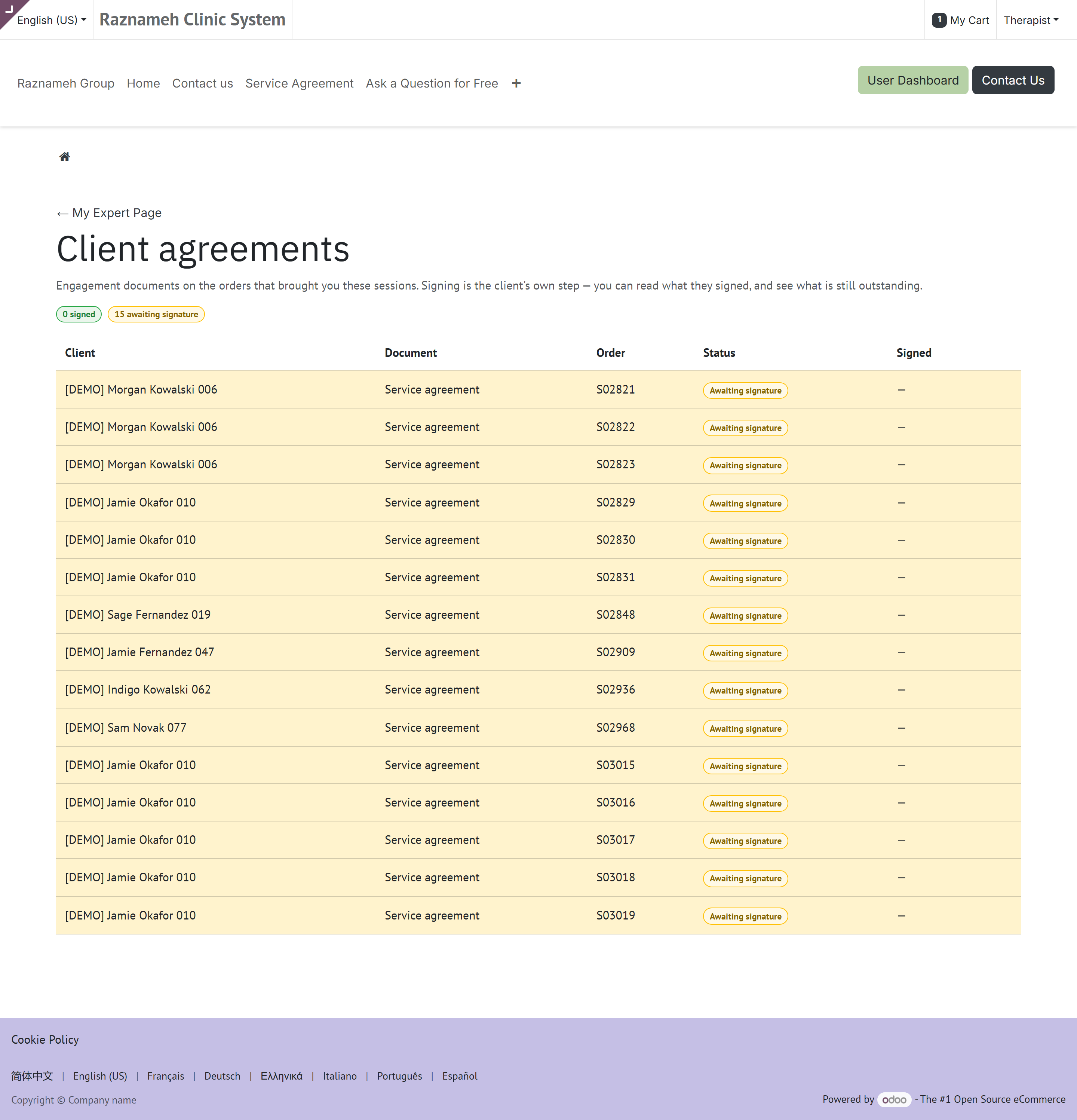 Service agreements on this practice's orders