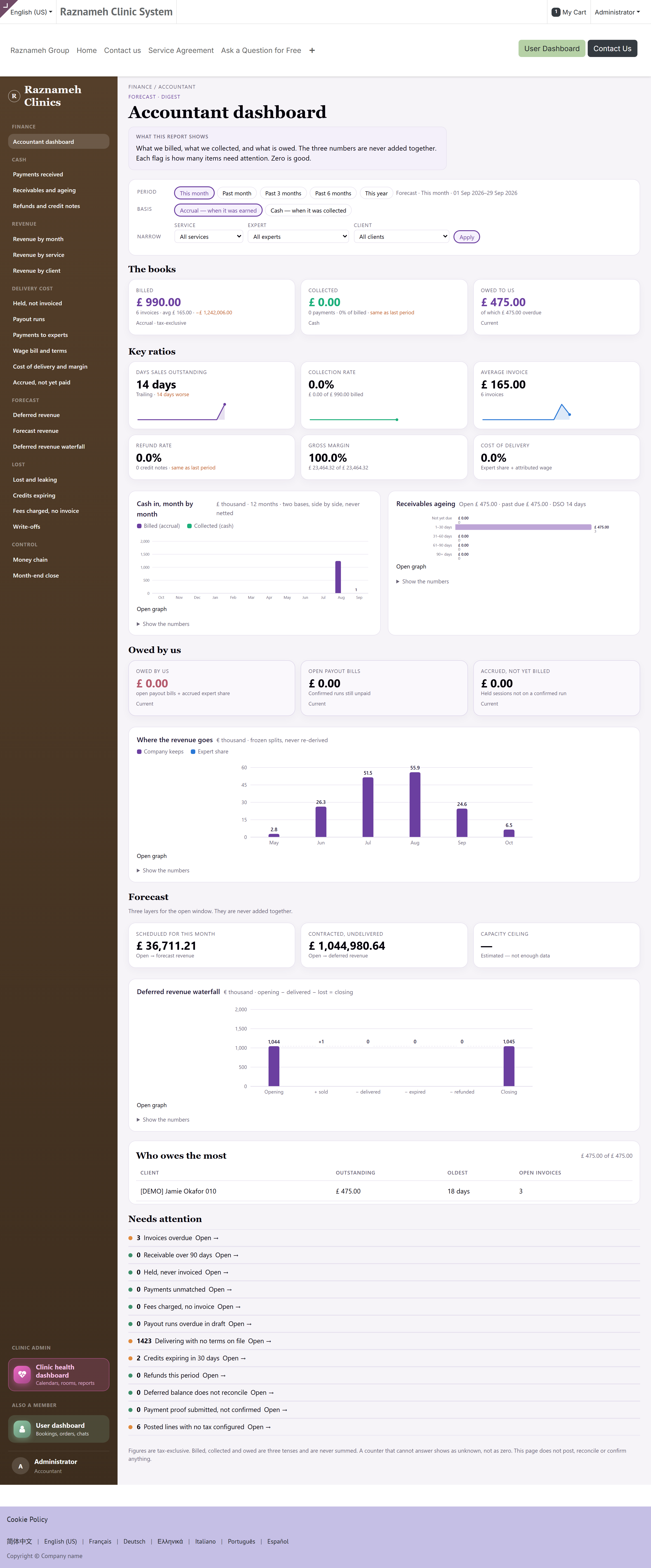 The finance landing page: money tiles, ratio tiles, charts and the flag list
