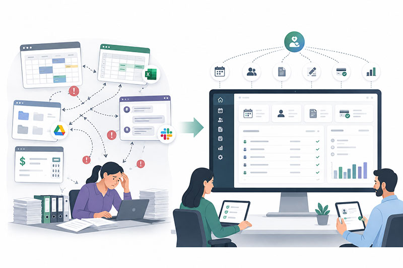 The administrative load surrounding clinical work: separate booking, spreadsheet, drive, accounting and messaging tools that do not connect