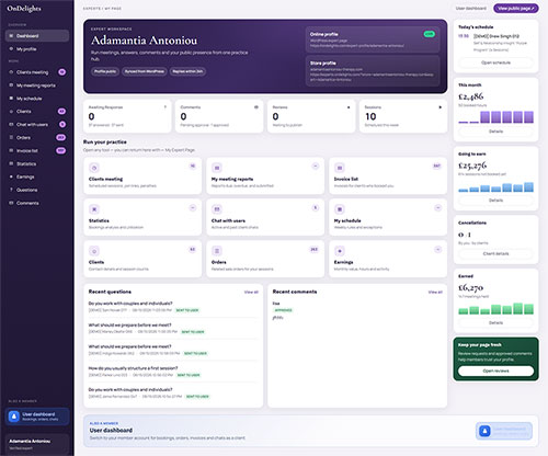 Clinician dashboard showing their own diary, caseload, notes due and monthly earnings