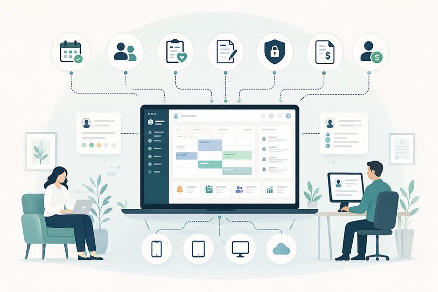 The clinic platform shown as one connected system covering booking, sessions, records, billing and clinician pay