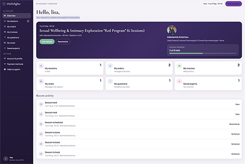 Client dashboard showing booked sessions, remaining credits and outstanding items to send